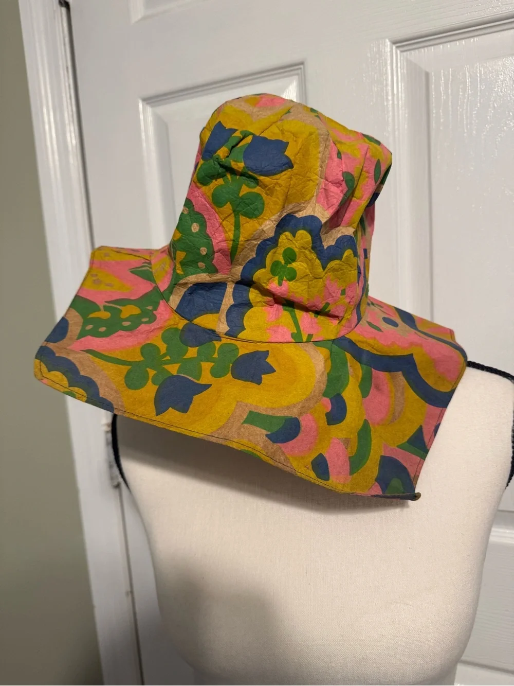 Vintage 70s Colorful Patterned Sun Hat - Pink, Yellow & Green